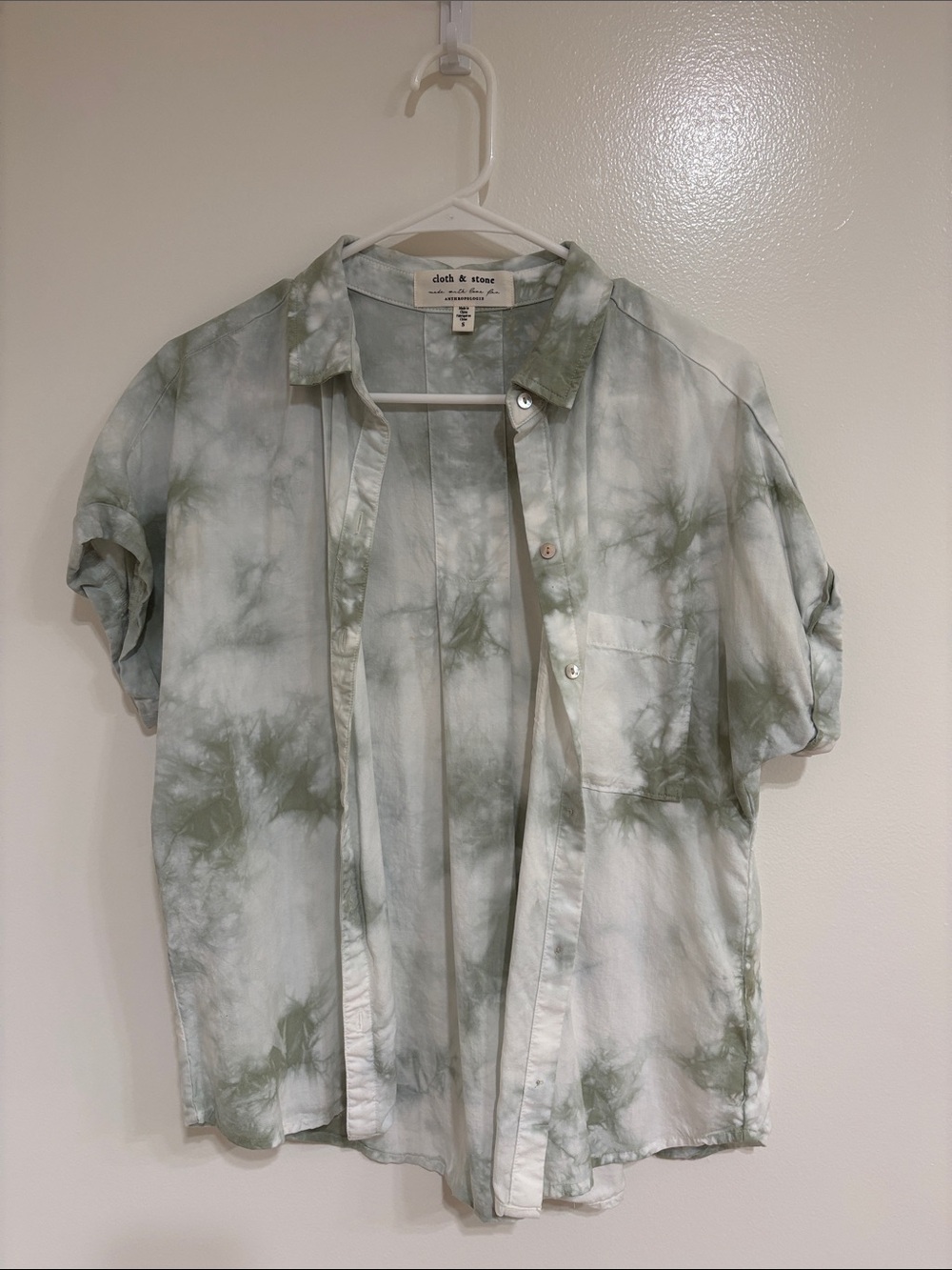 Anthropologie sage and white tie-dye short sleeve button-up